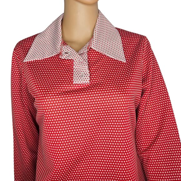 1970s Polka Dot Red White Color Block Pullover Long Sleeve Box Cut Top SZ Large - Picture 5 of 8